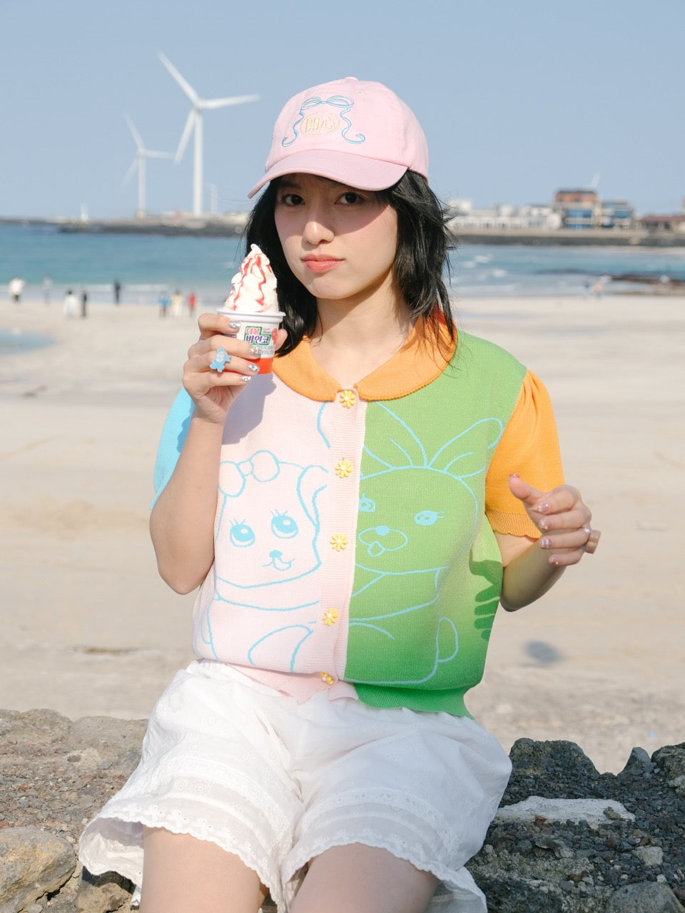 Pink happy embroidery baseball cap