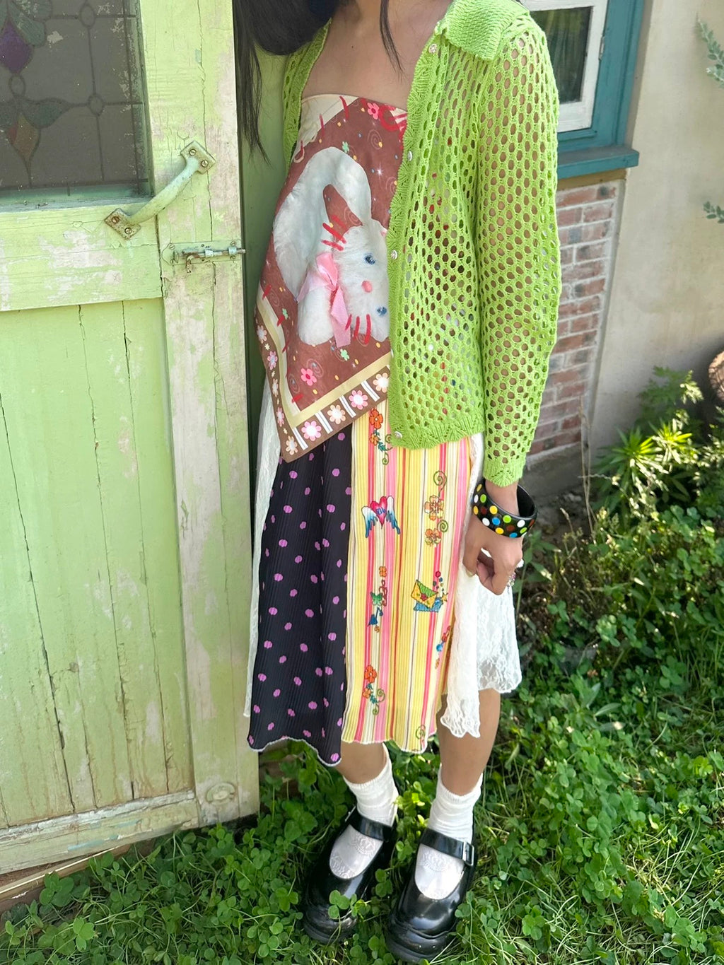 Polka-dot color-block pleated midi skirt