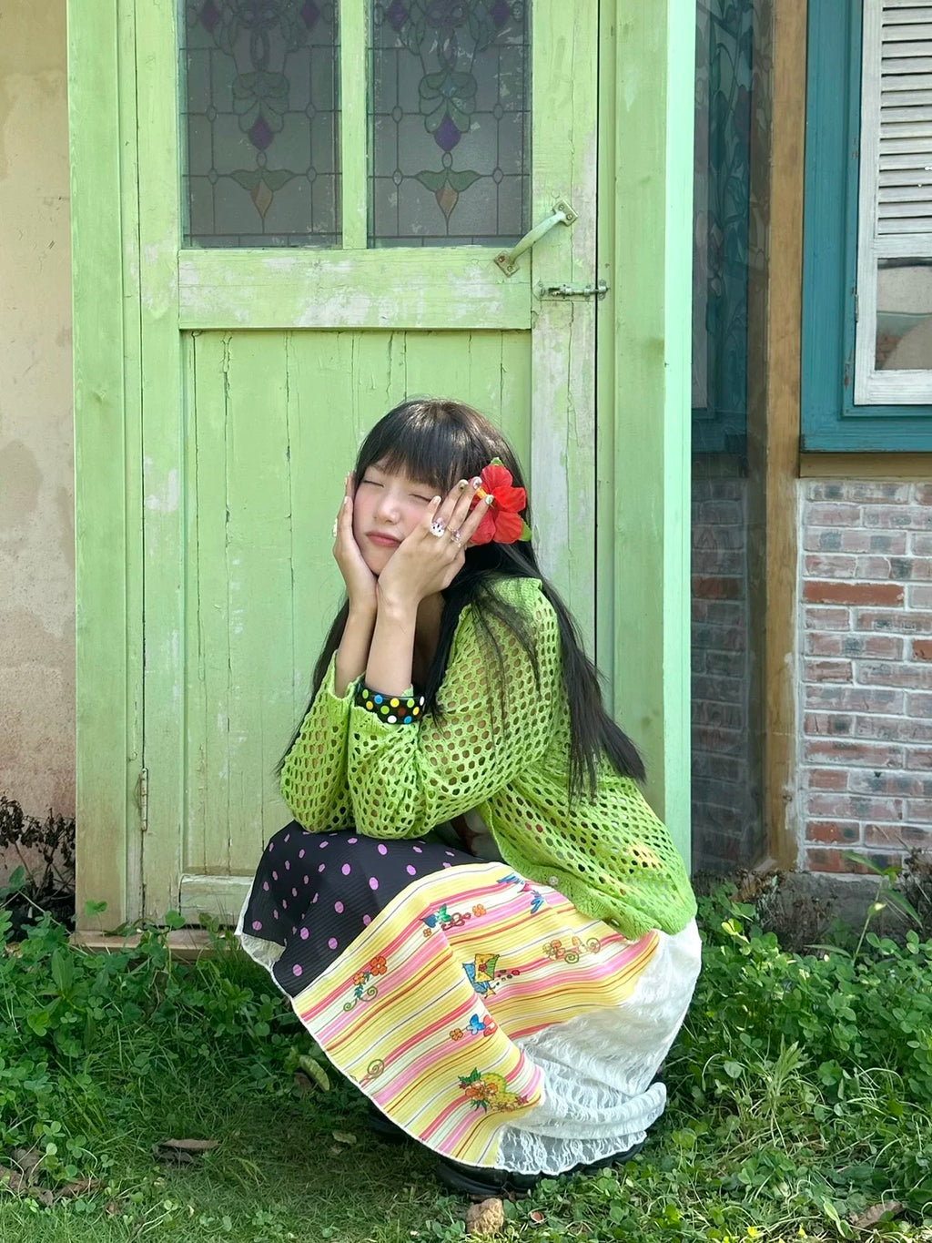 Polka-dot color-block pleated midi skirt