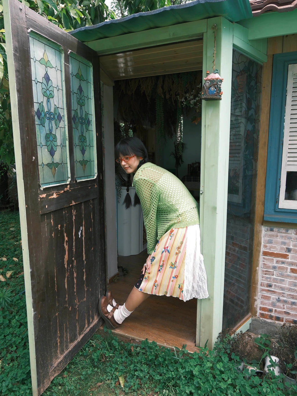 Polka-dot color-block pleated midi skirt