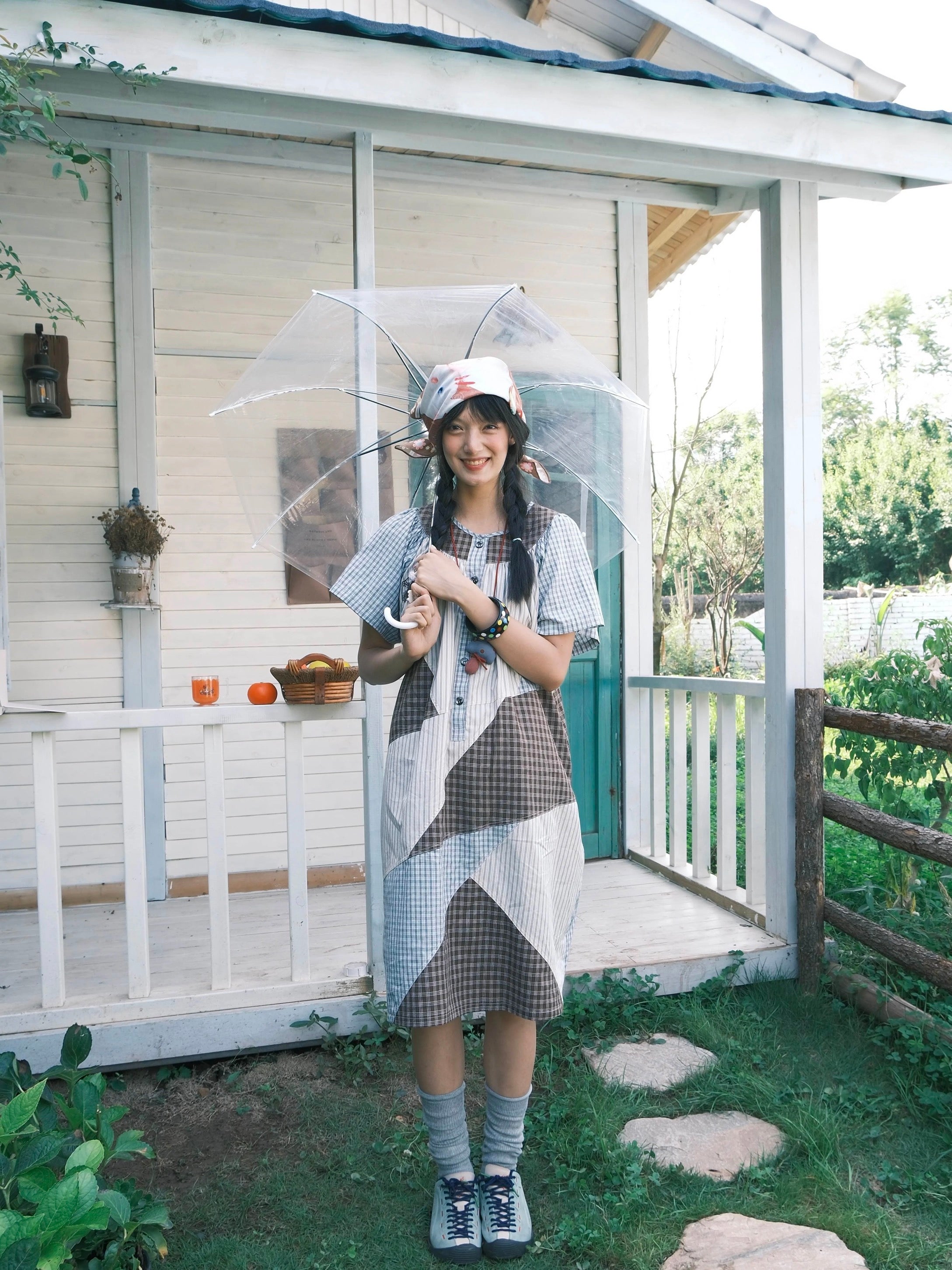 Plaid color-block short-sleeve dress