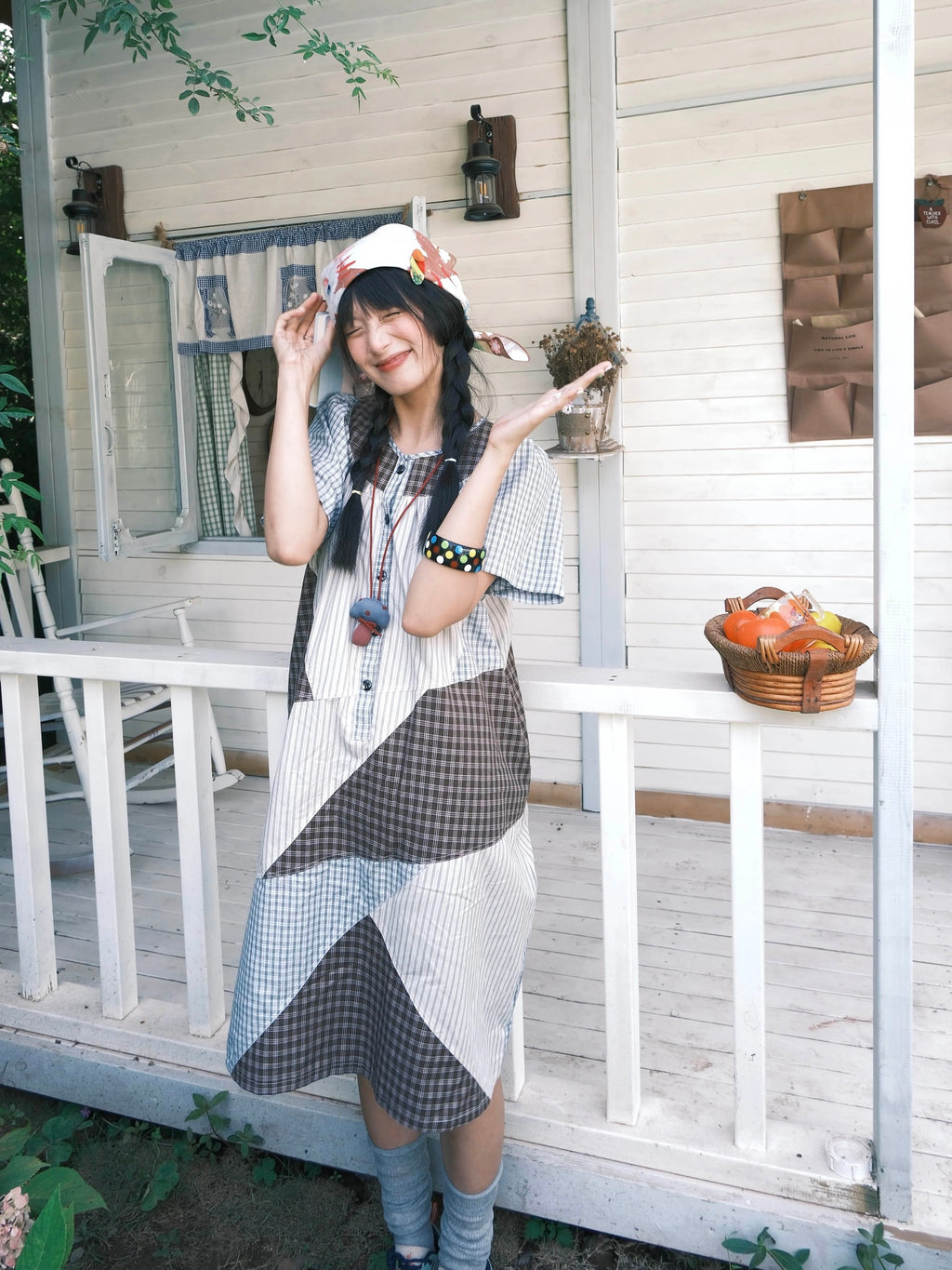 Plaid color-block short-sleeve dress