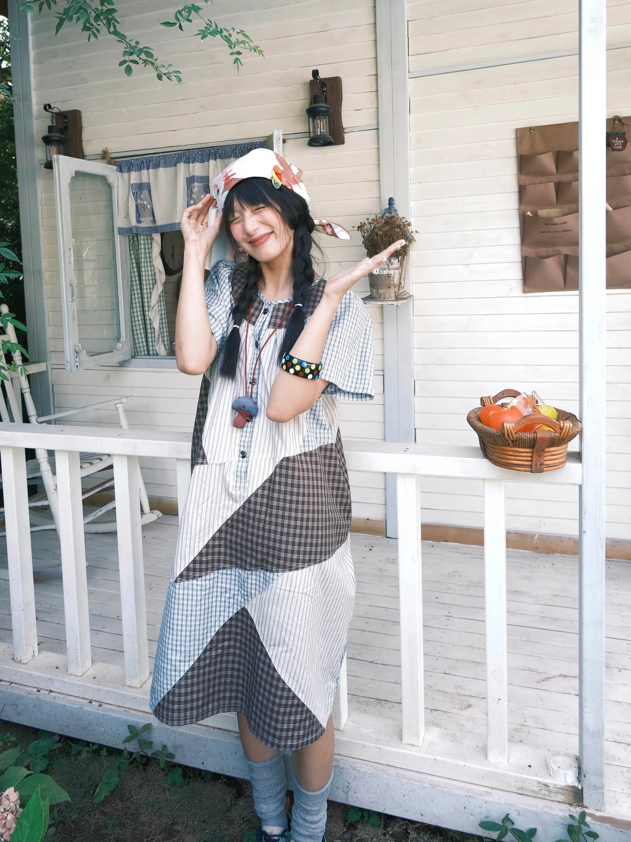 Plaid color-block short-sleeve dress