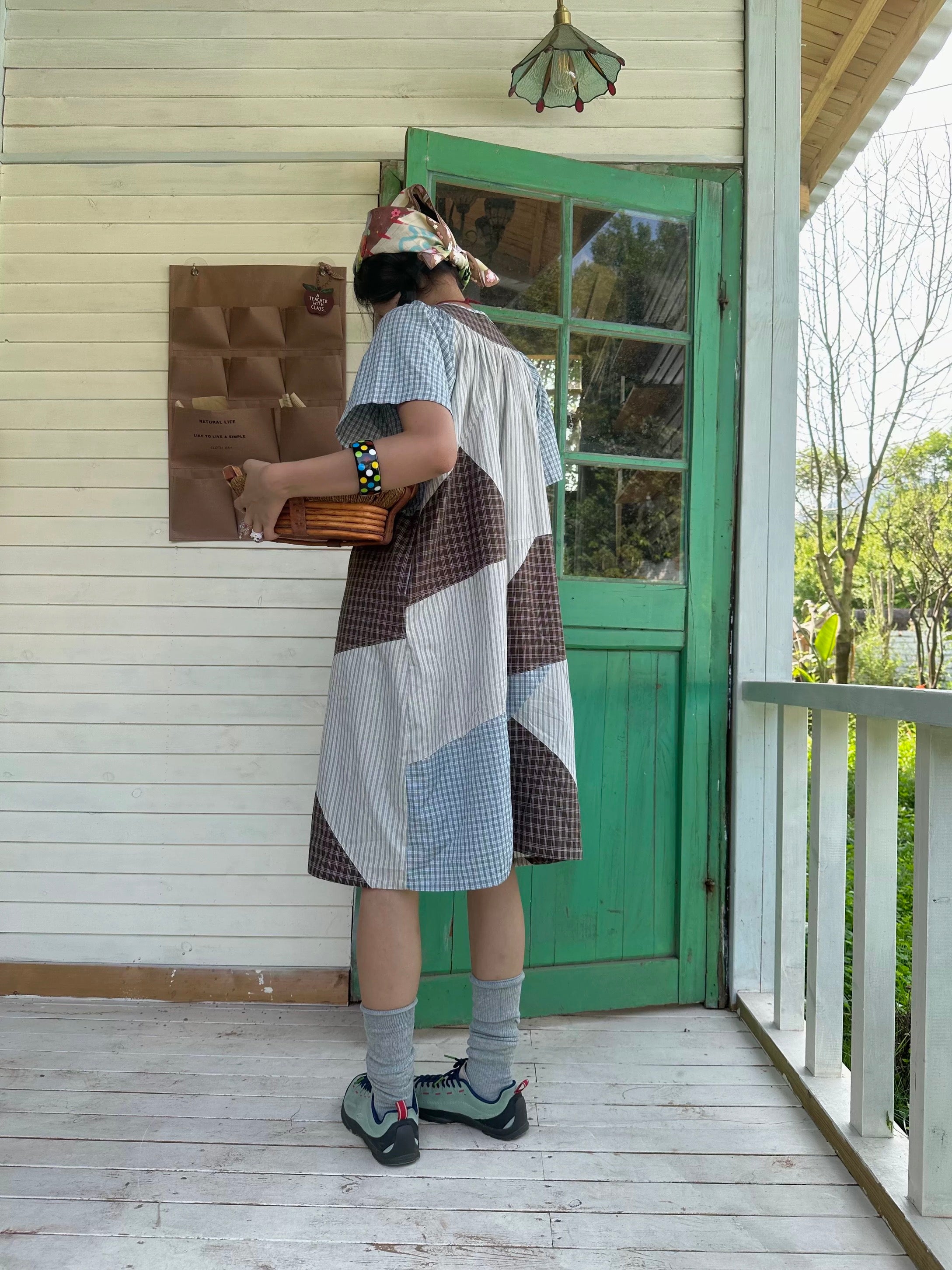 Plaid color-block short-sleeve dress