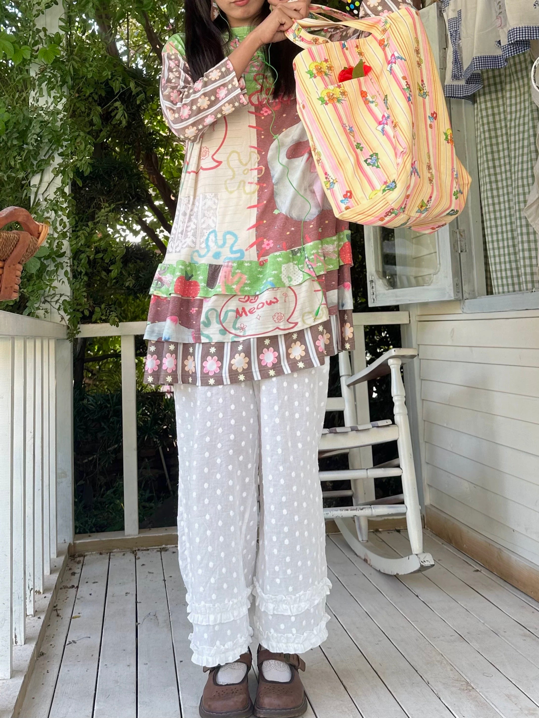 Cat-printed tiered T-shirt dress