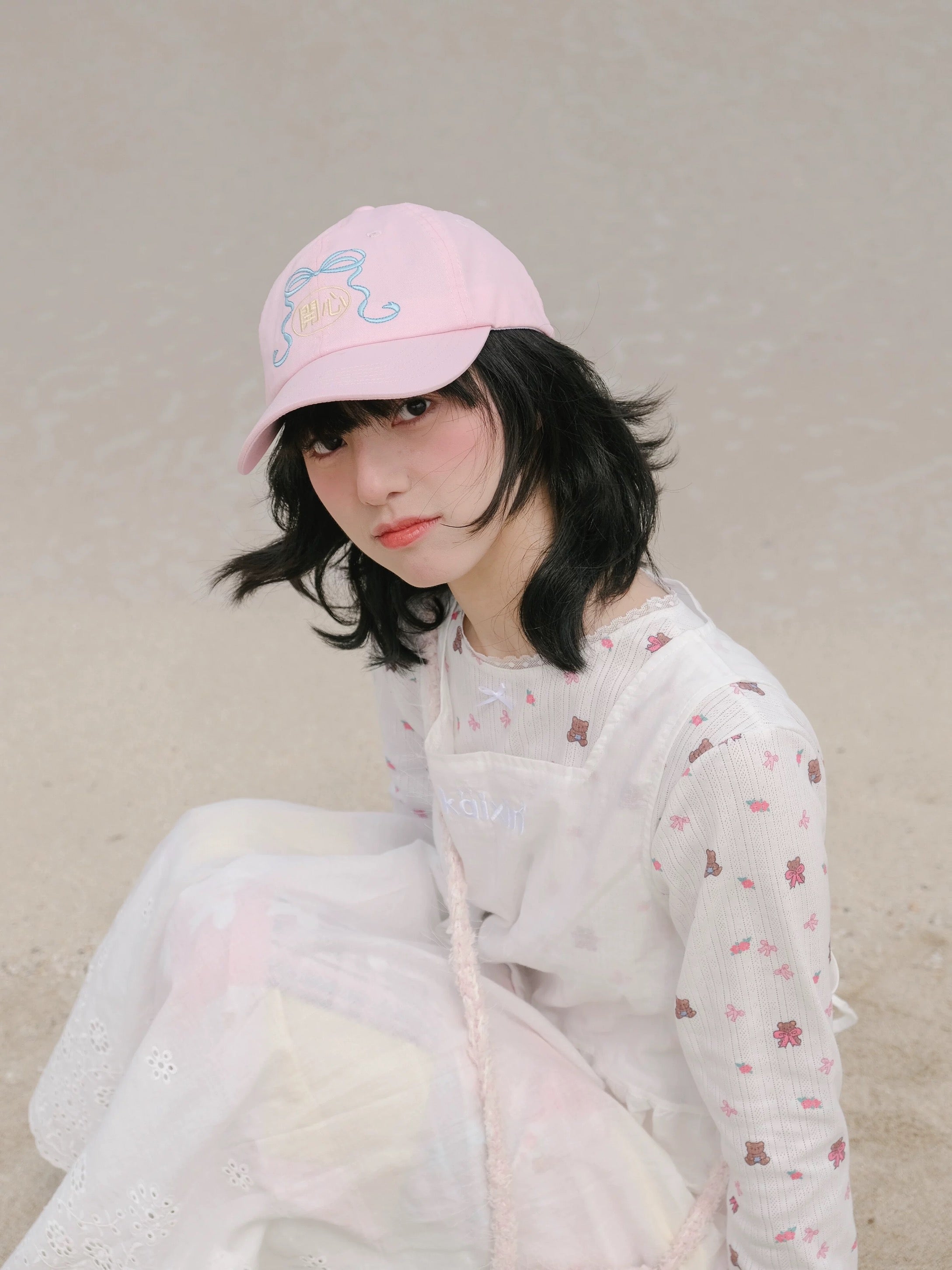 Pink happy embroidery baseball cap