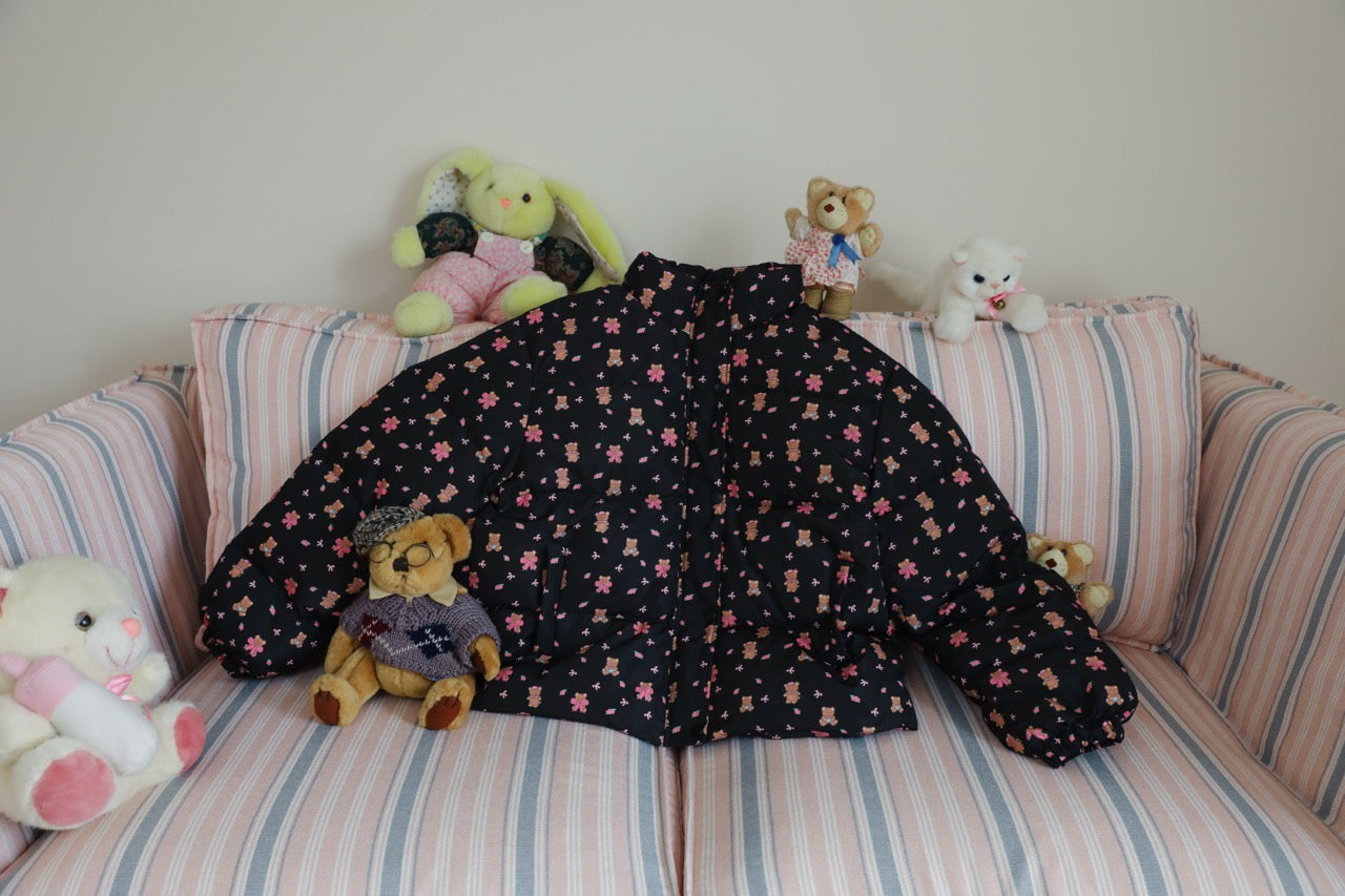 Black down jacket with all-over print