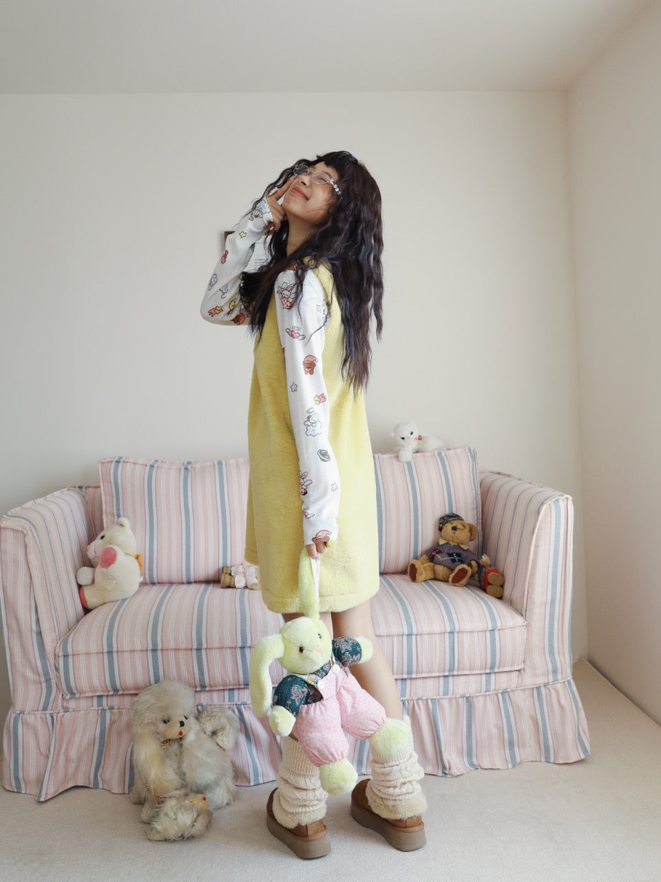 Yellow fuzzy vest dress