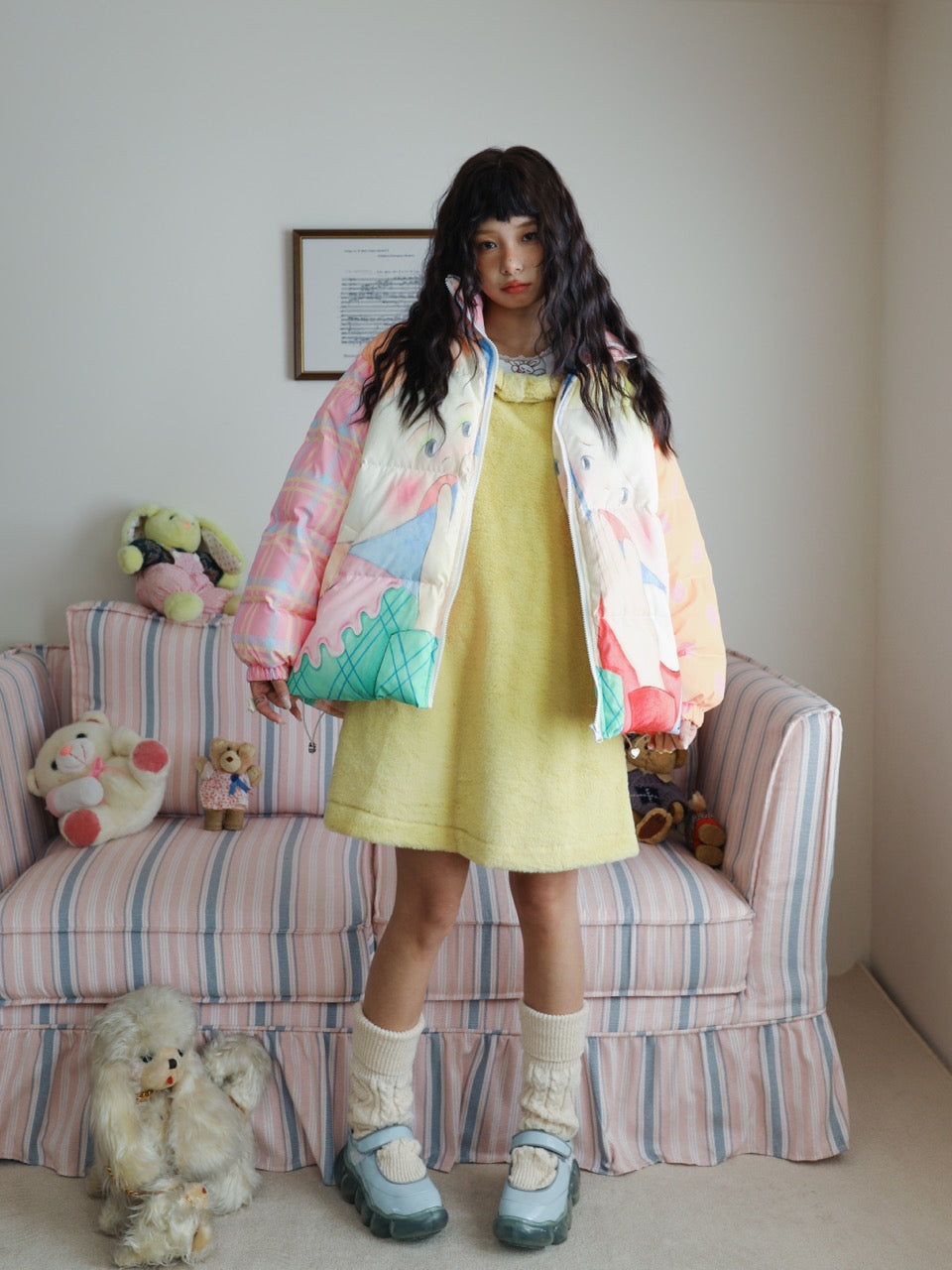 Color-block down jacket with a girl illustration