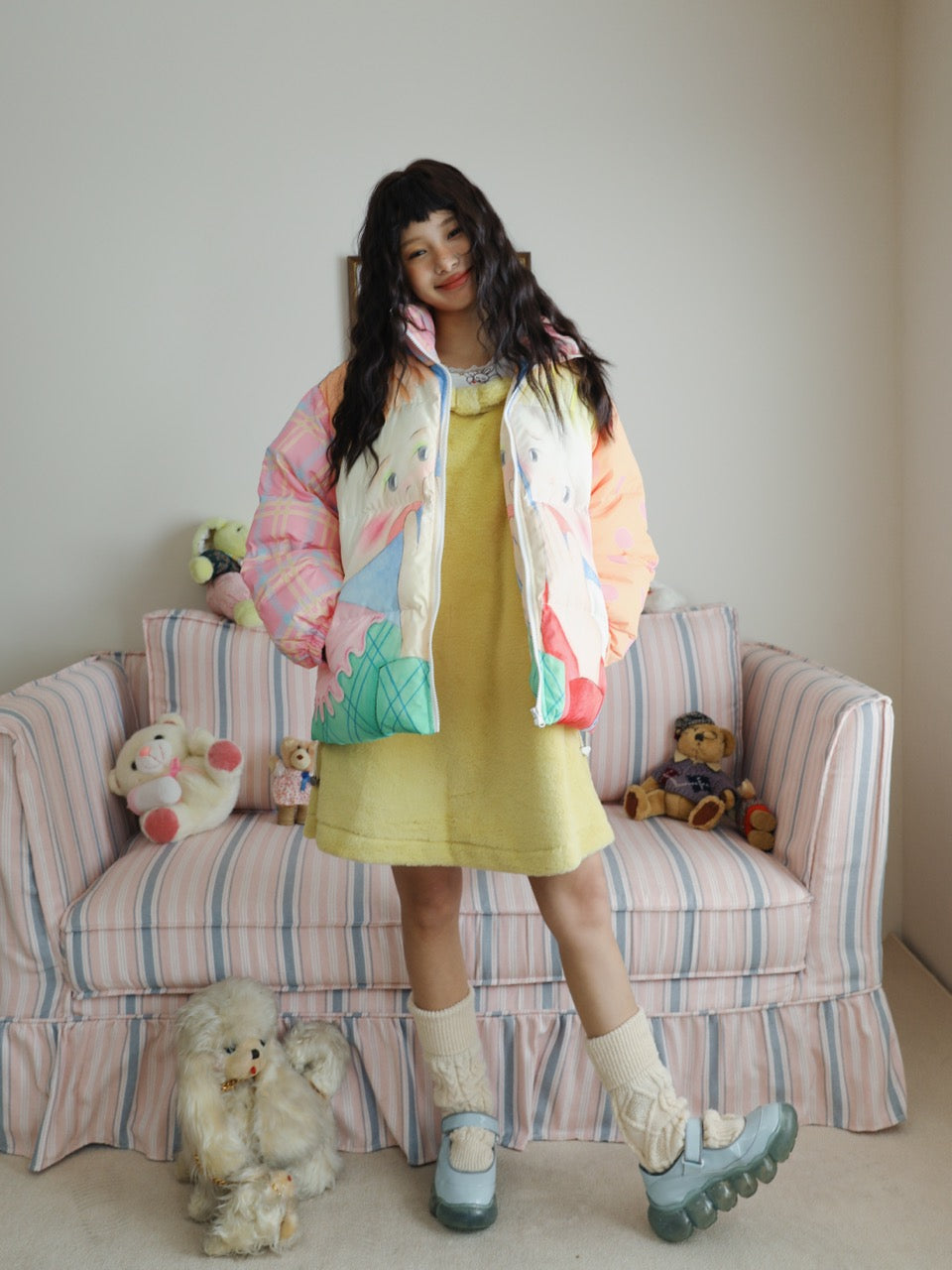 Color-block down jacket with a girl illustration