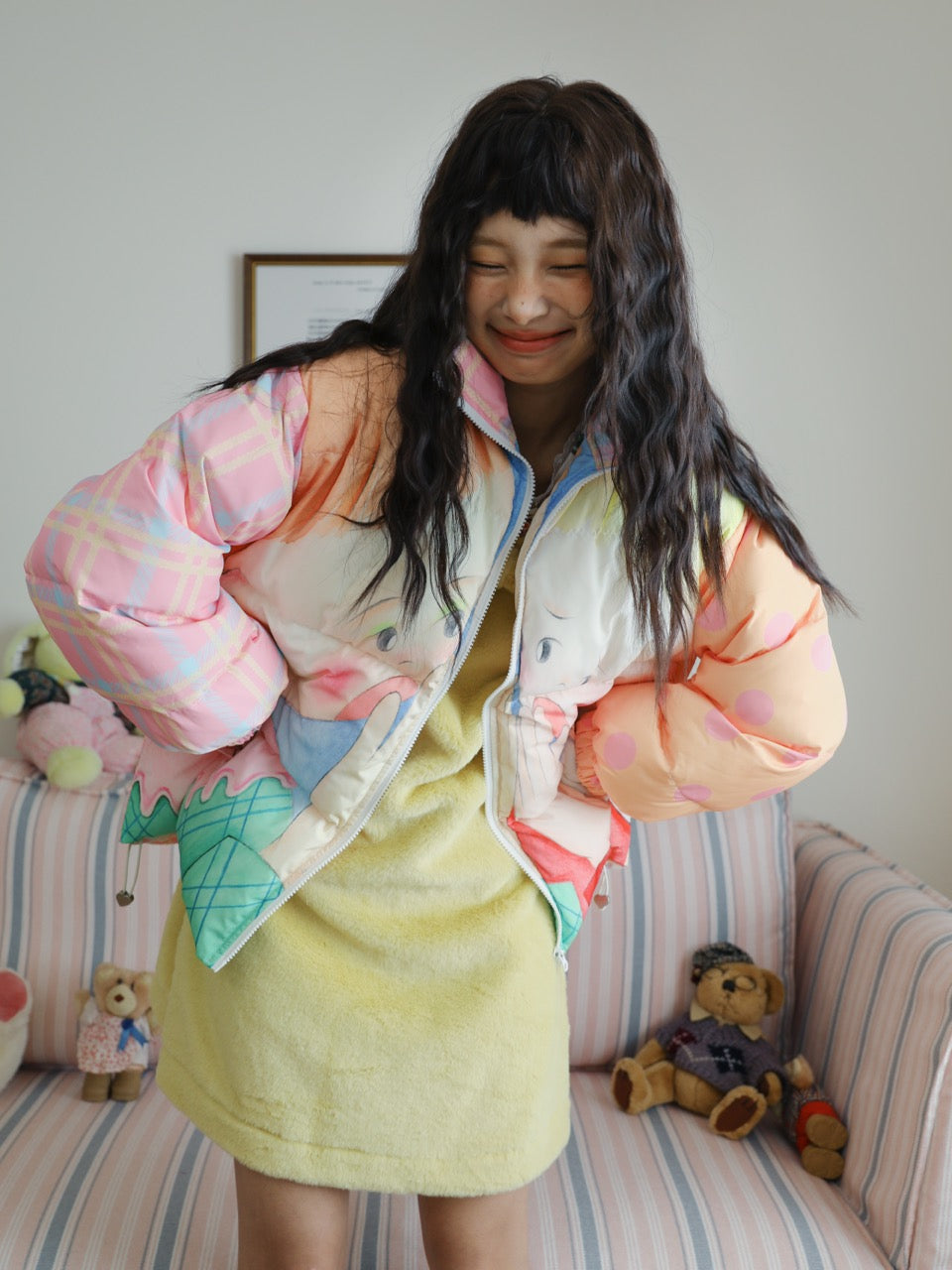 Color-block down jacket with a girl illustration