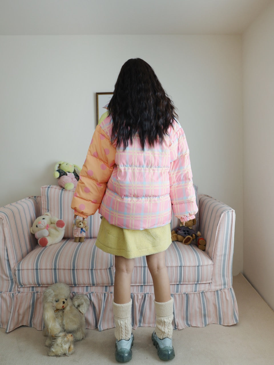 Color-block down jacket with a girl illustration