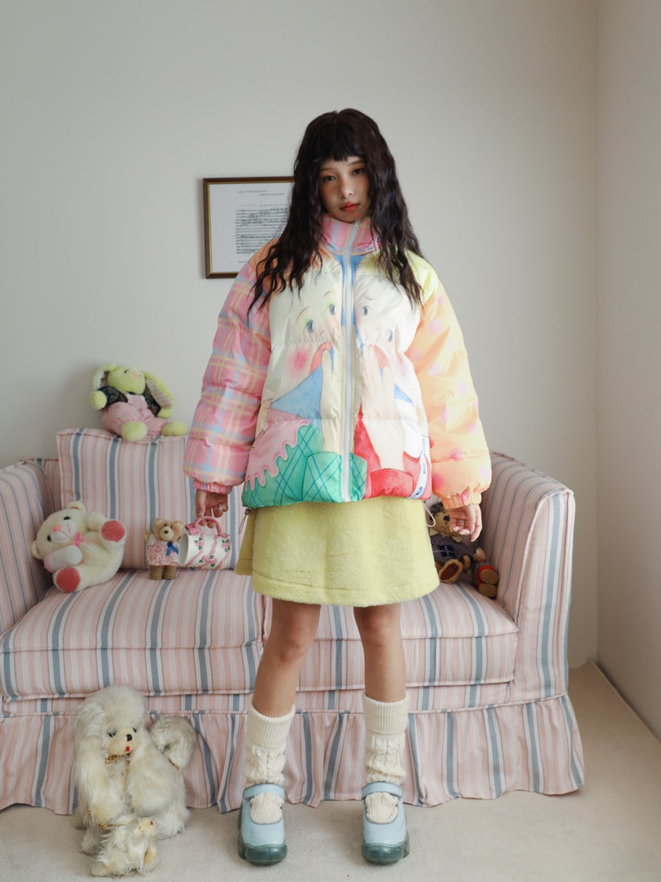 Color-block down jacket with a girl illustration