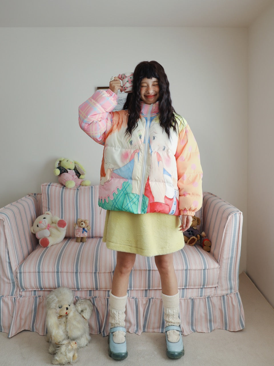 Color-block down jacket with a girl illustration