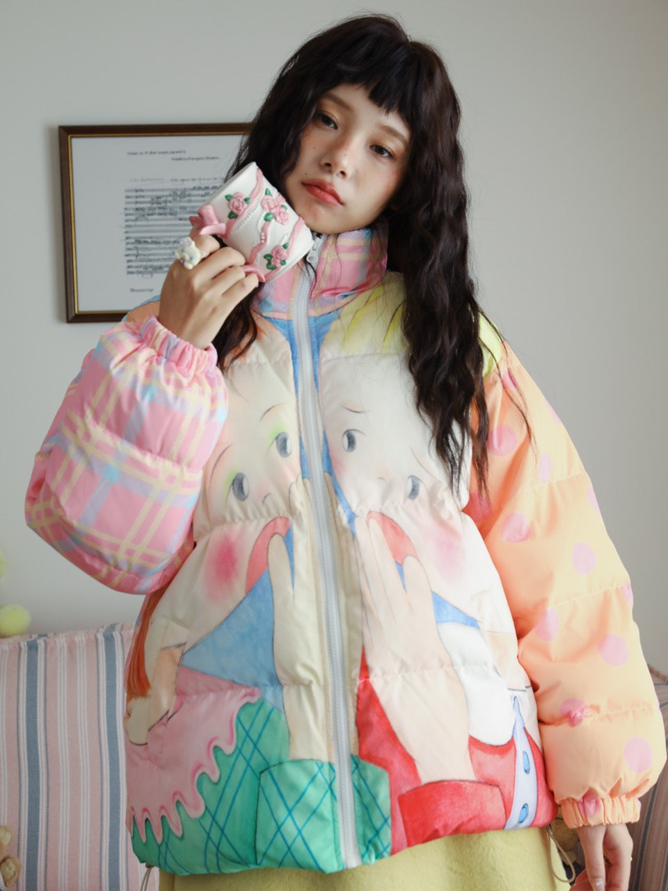 Color-block down jacket with a girl illustration