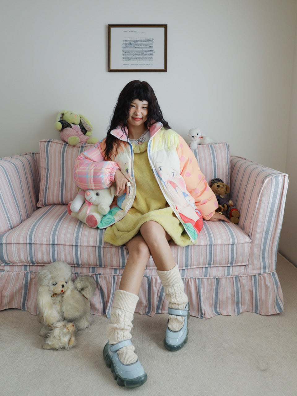 Color-block down jacket with a girl illustration