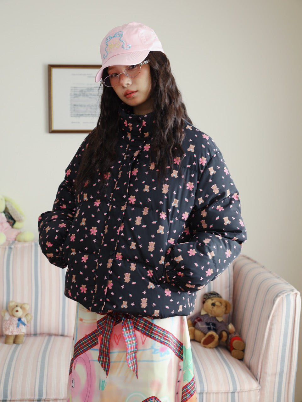 Black down jacket with all-over print