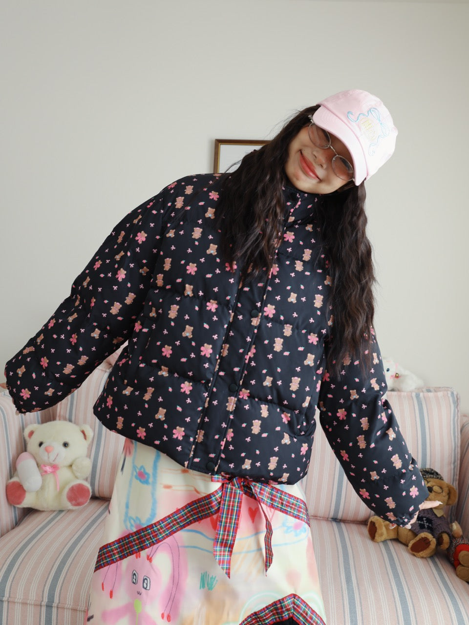 Black down jacket with all-over print