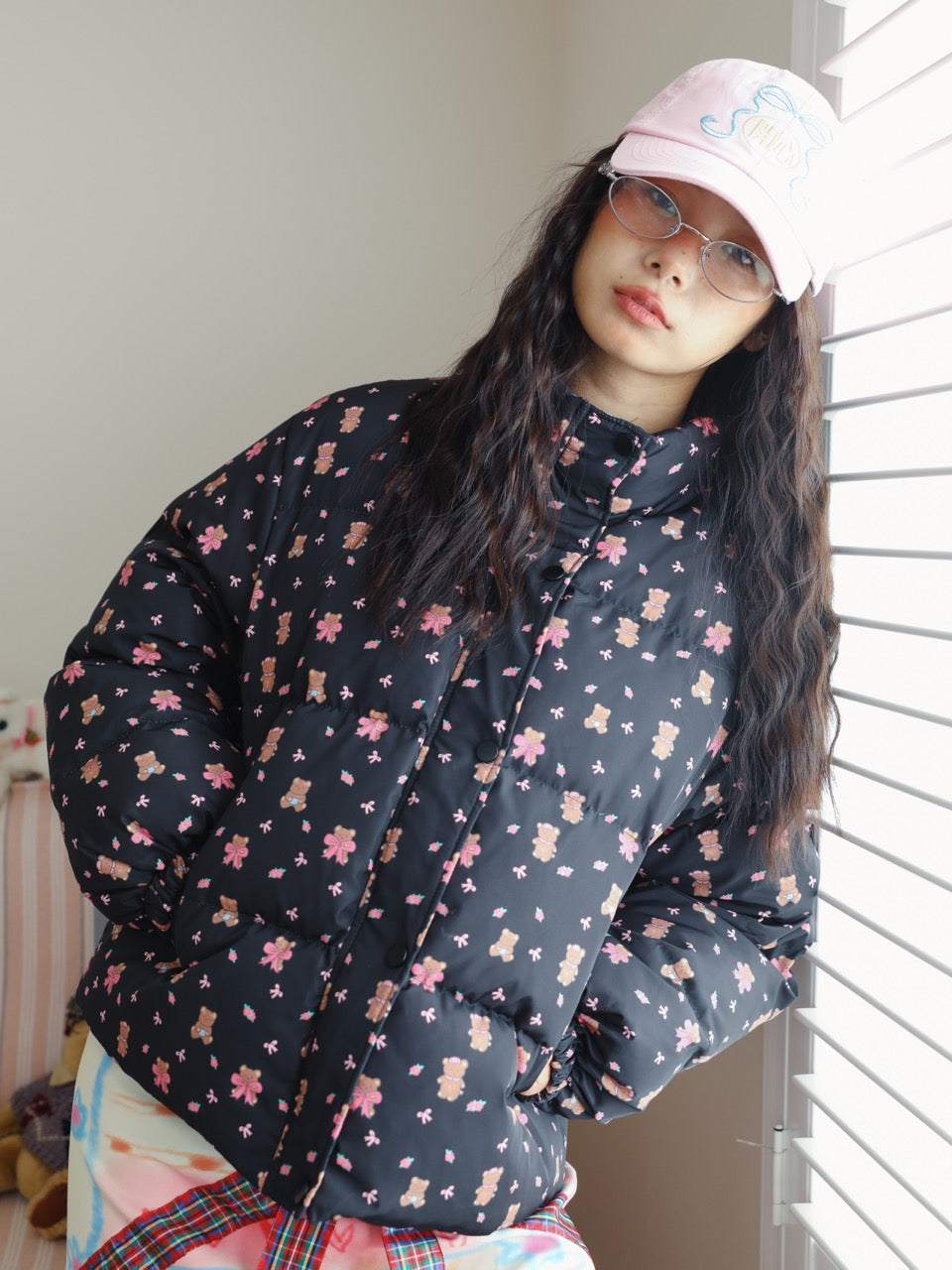 Black down jacket with all-over print