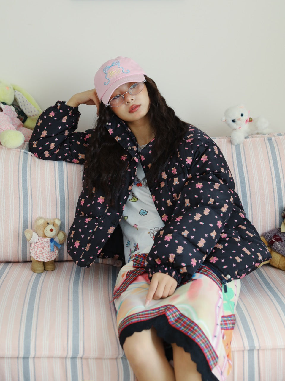 Black down jacket with all-over print