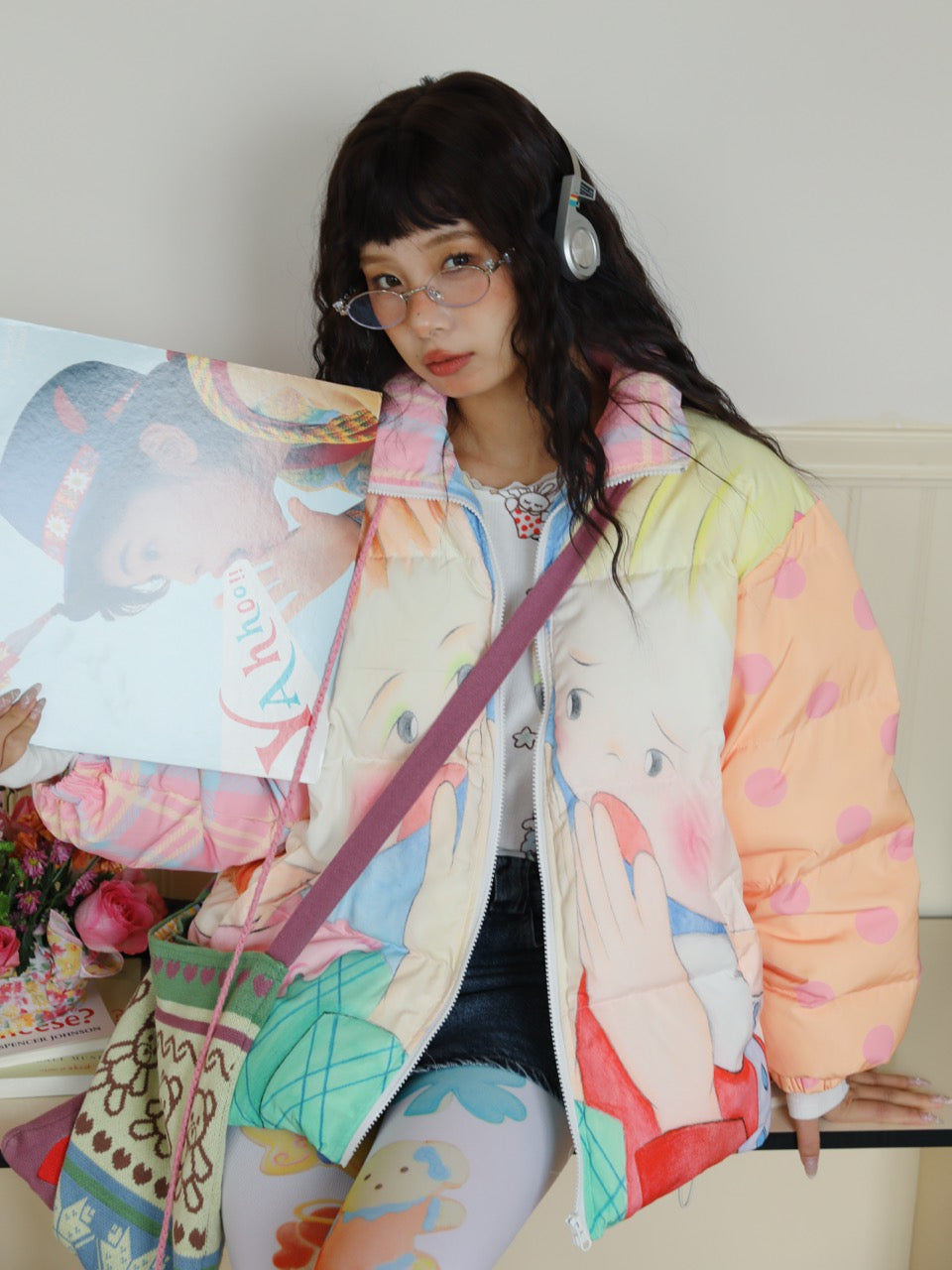 Color-block down jacket with a girl illustration