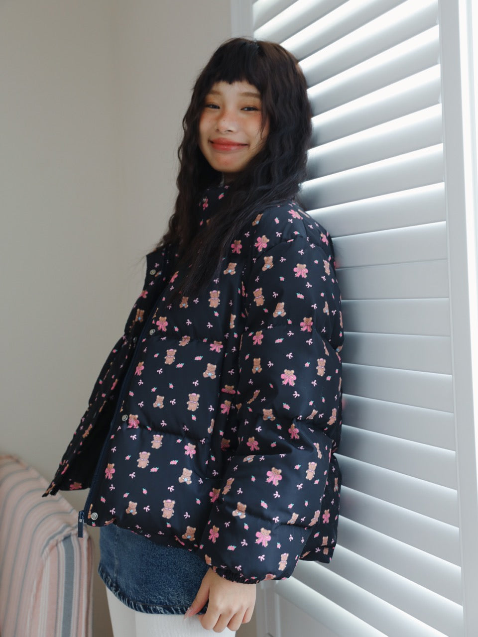 Black down jacket with all-over print