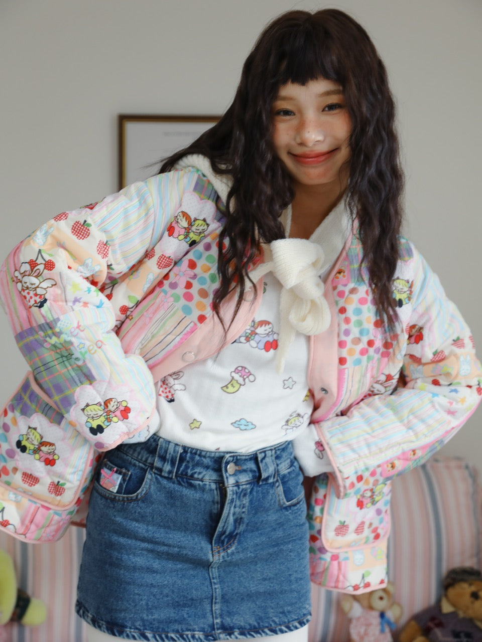 Quilted cotton coat with illustrated print