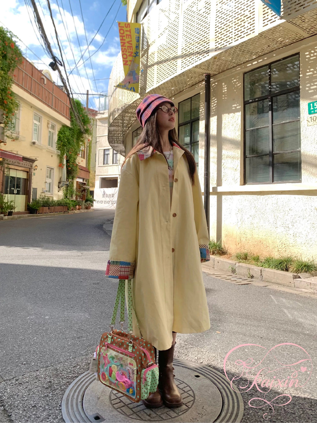 Yellow color-block trench coat