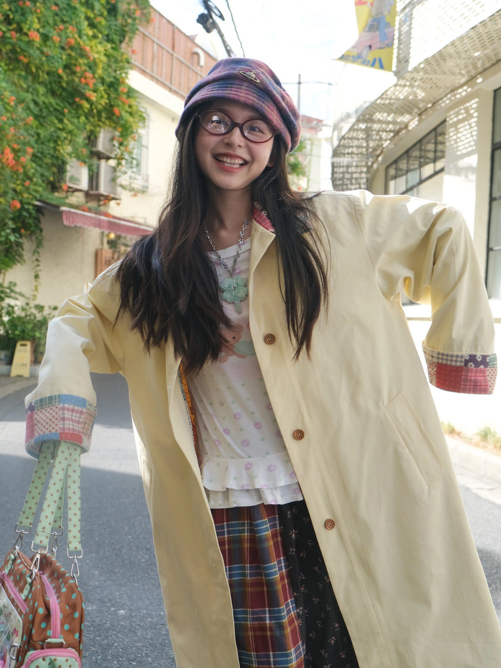 Yellow color-block trench coat