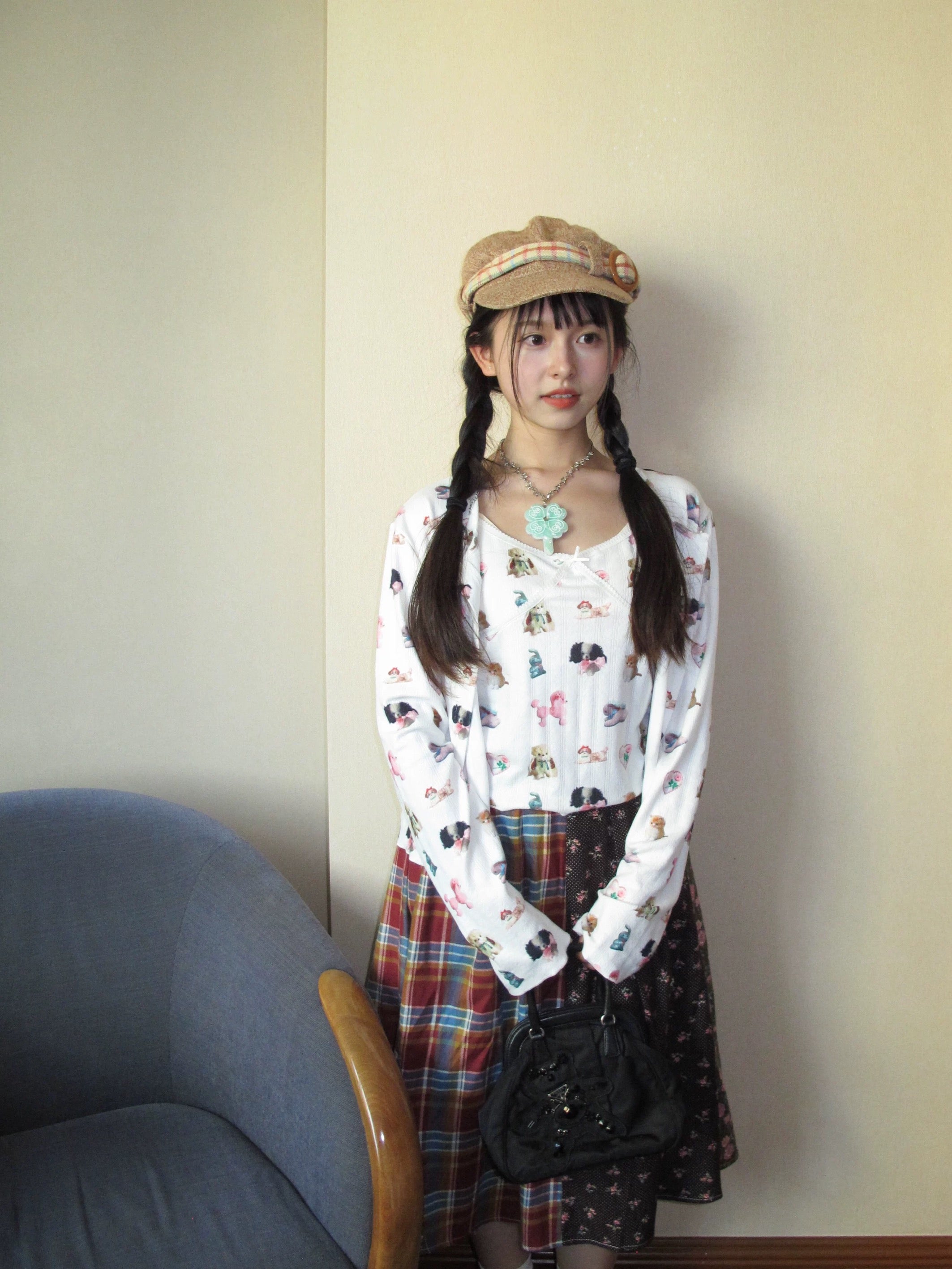 Doll-printed long-sleeve cardigan