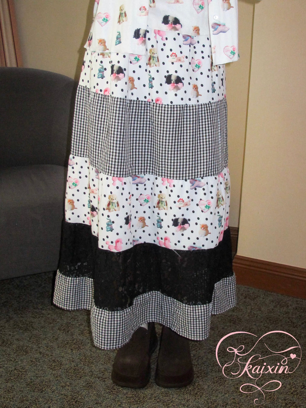 Black polka-dot, plaid & doll-printed color-block maxi skirt