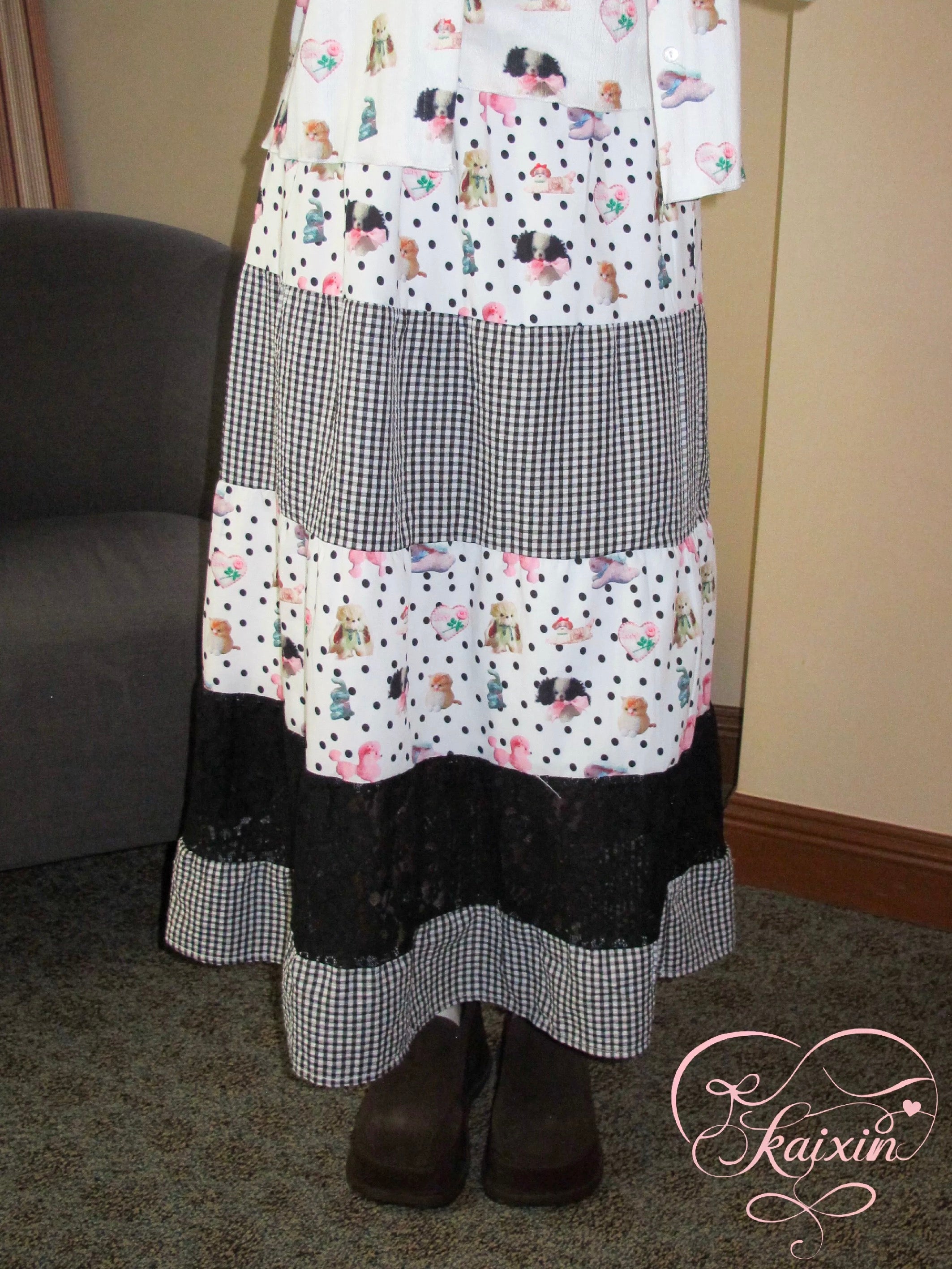 Black polka-dot, plaid & doll-printed color-block maxi skirt