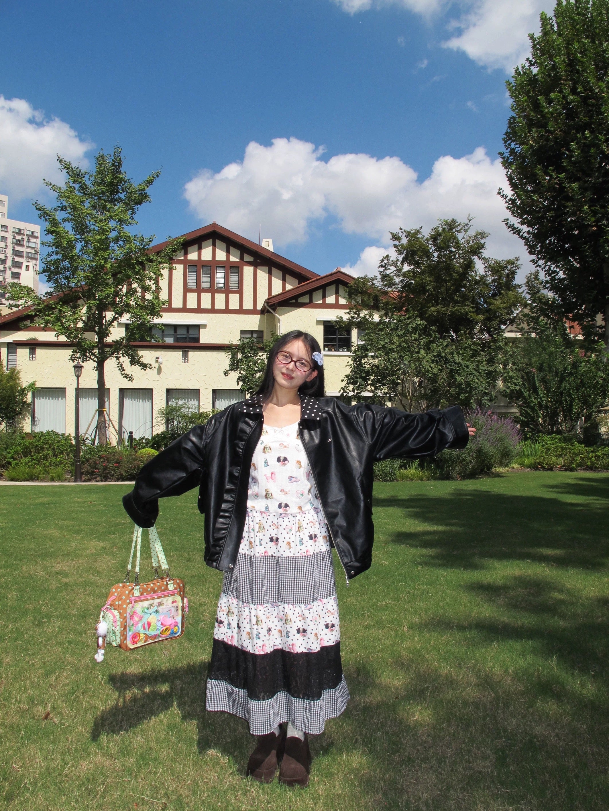 Black polka-dot, plaid & doll-printed color-block maxi skirt