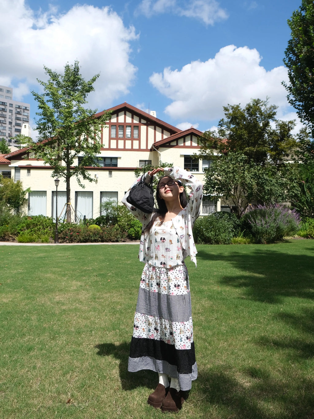 Black polka-dot, plaid & doll-printed color-block maxi skirt