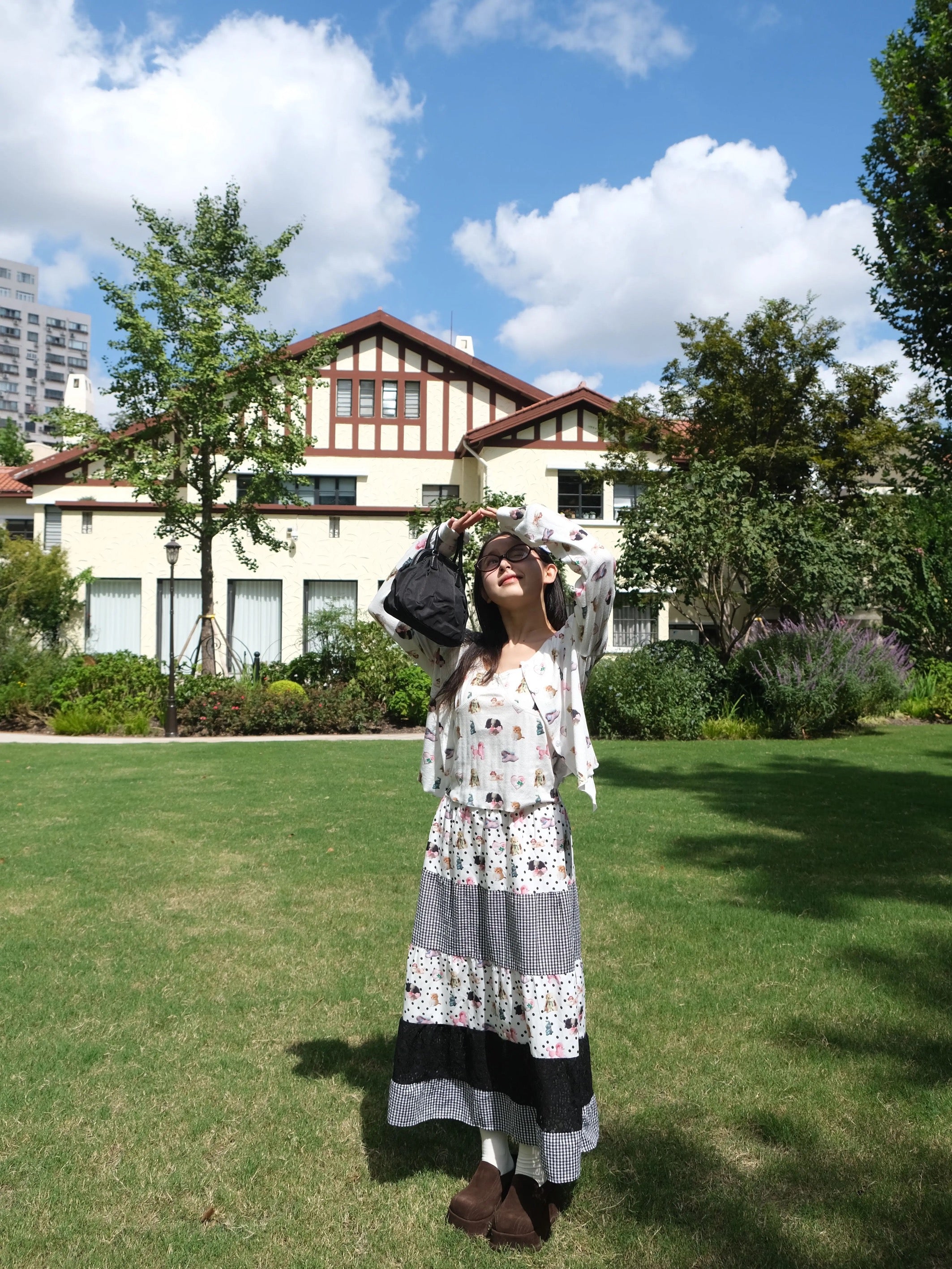 Black polka-dot, plaid & doll-printed color-block maxi skirt