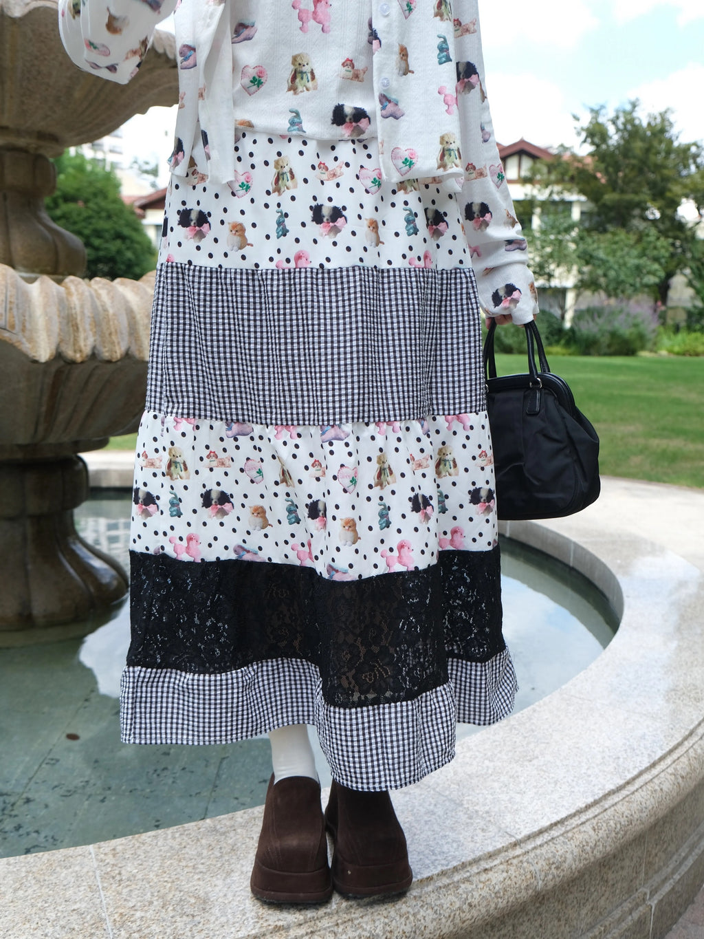 Black polka-dot, plaid & doll-printed color-block maxi skirt