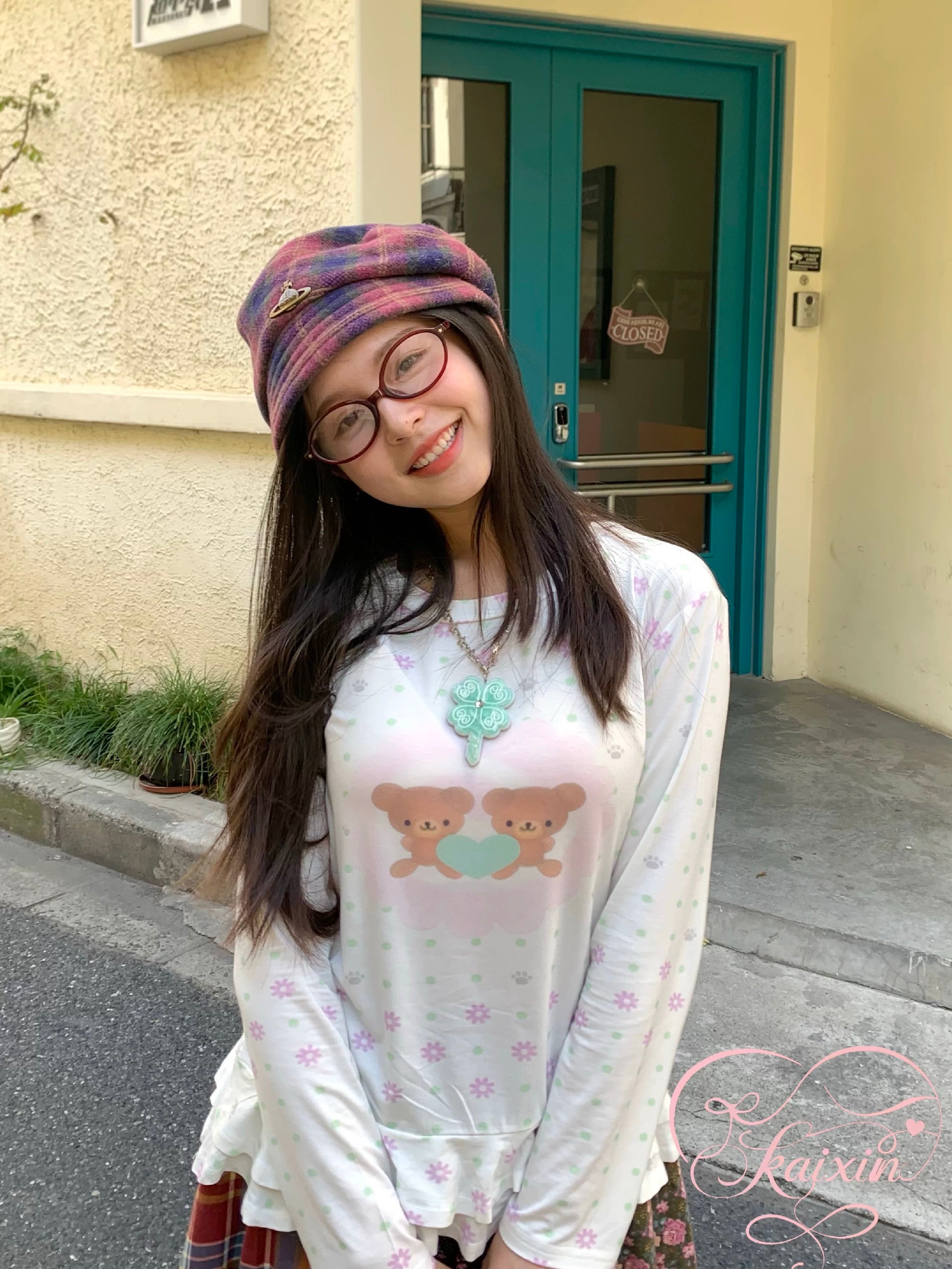 Long-sleeve T-shirt with floral, polka-dot, bear prints & lace trim