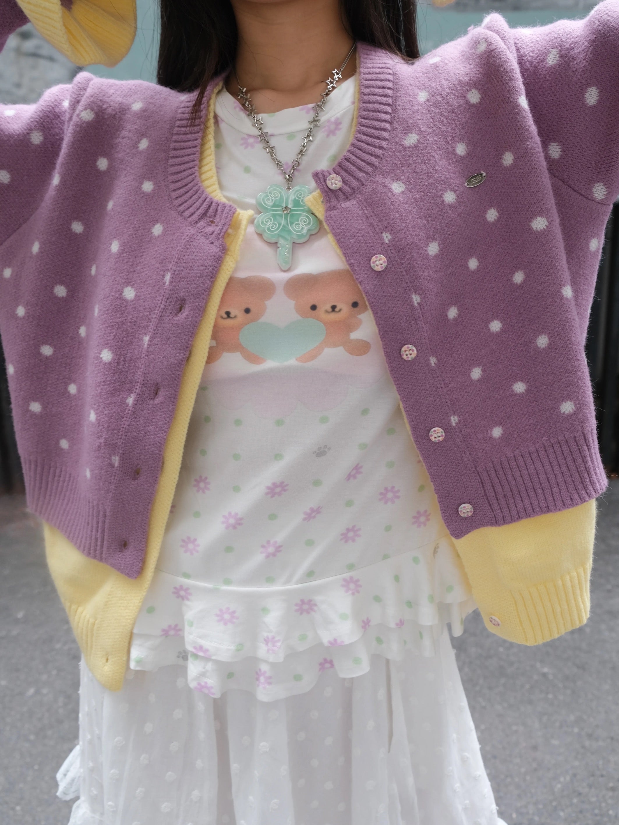 Long-sleeve T-shirt with floral, polka-dot, bear prints & lace trim