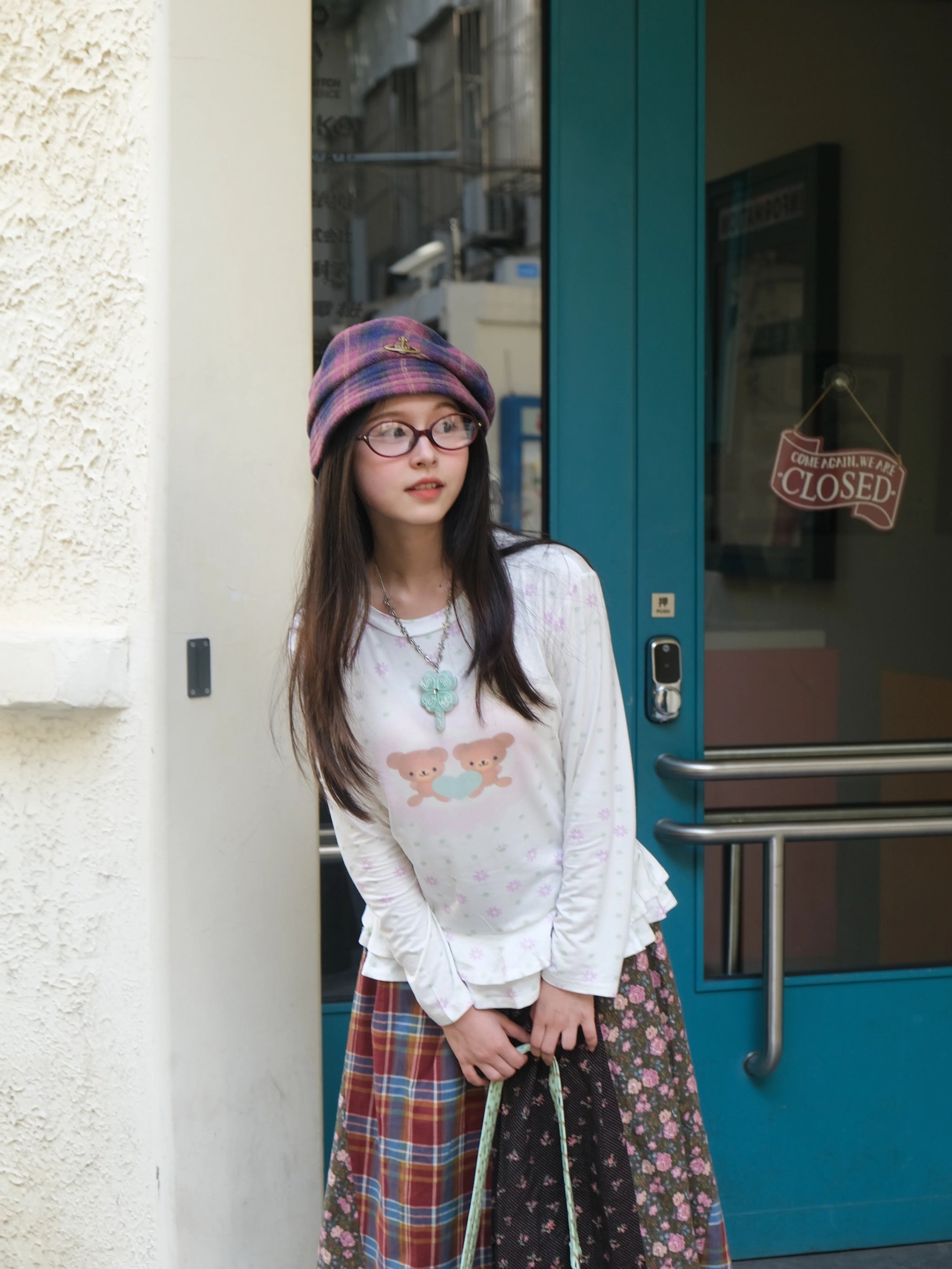 Long-sleeve T-shirt with floral, polka-dot, bear prints & lace trim