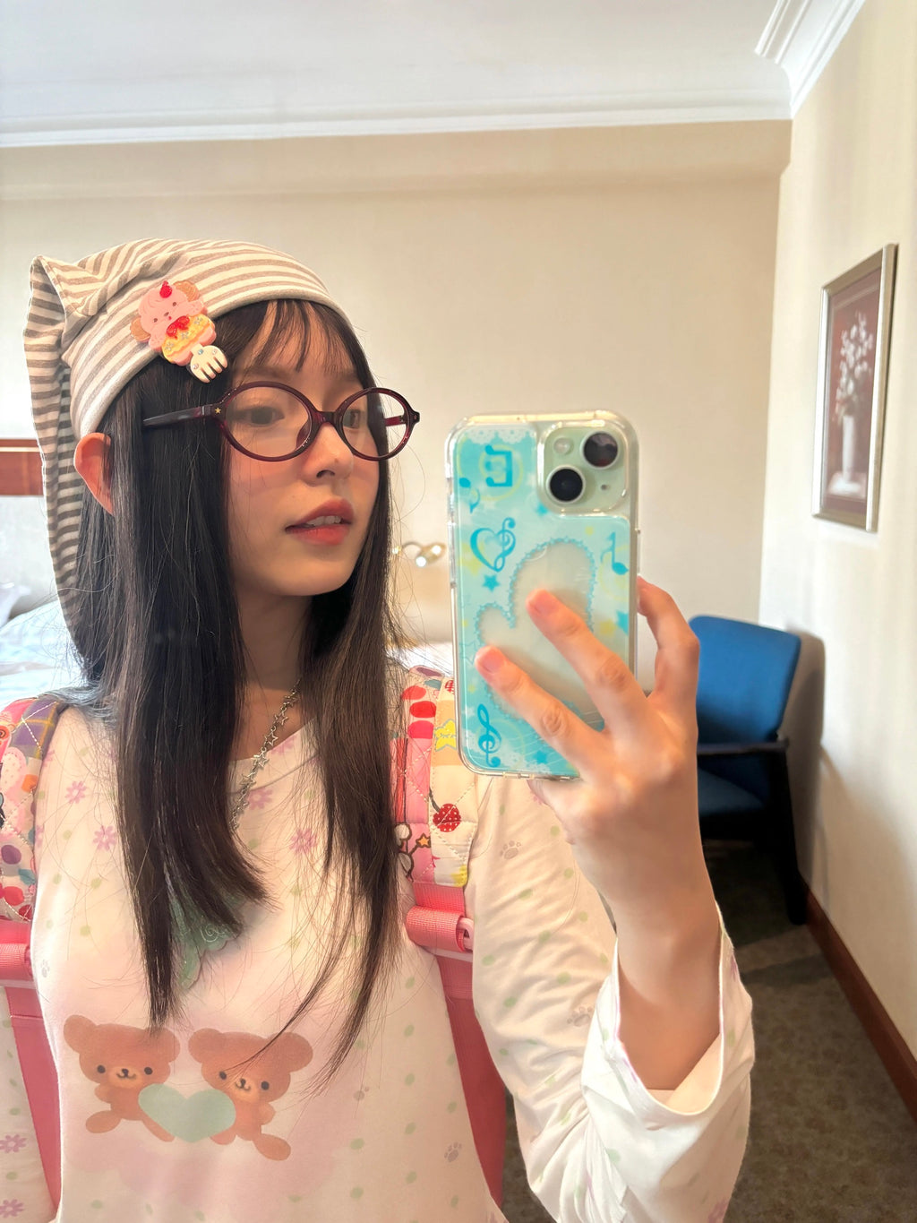 Long-sleeve T-shirt with floral, polka-dot, bear prints & lace trim