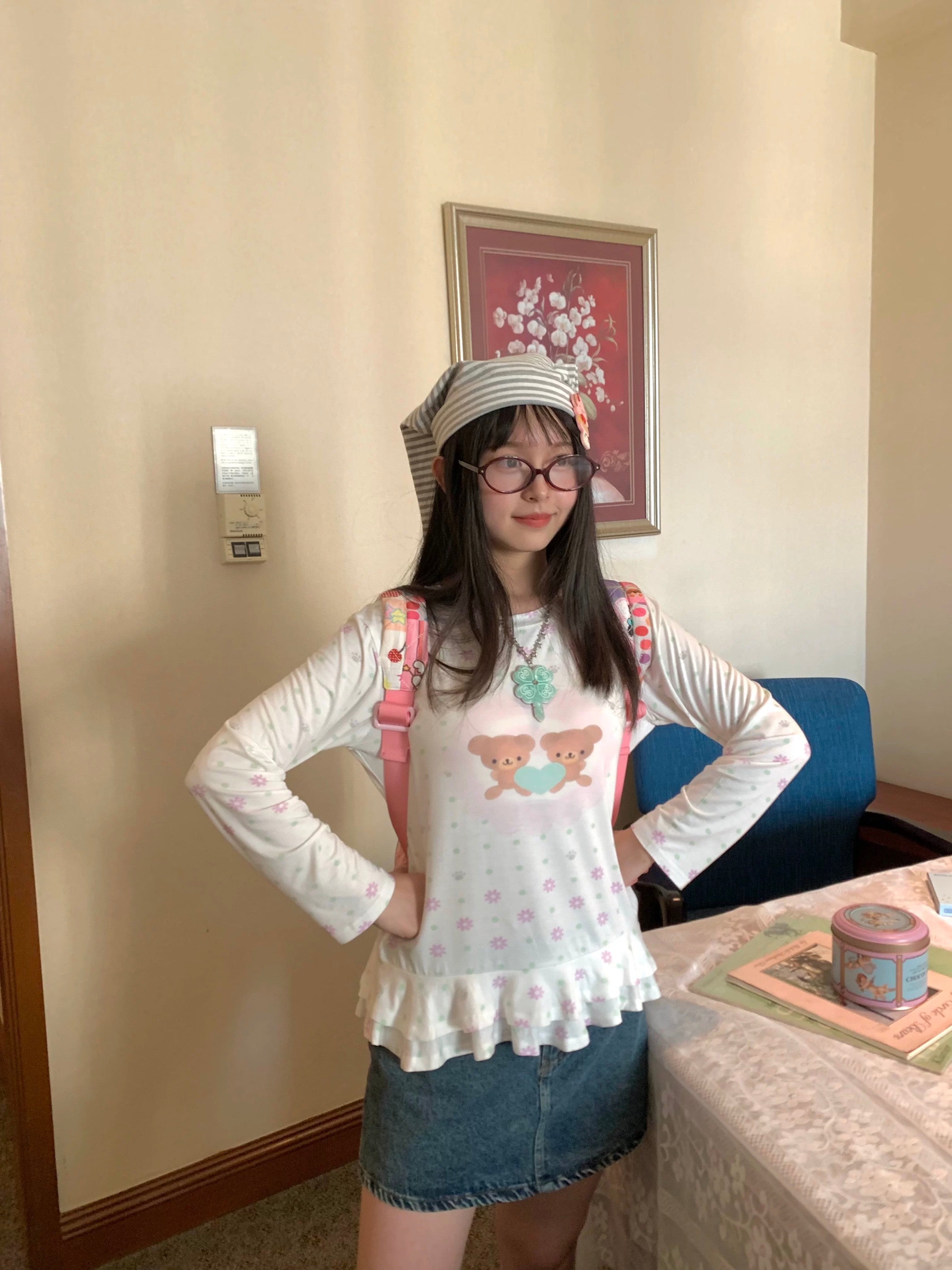 Long-sleeve T-shirt with floral, polka-dot, bear prints & lace trim