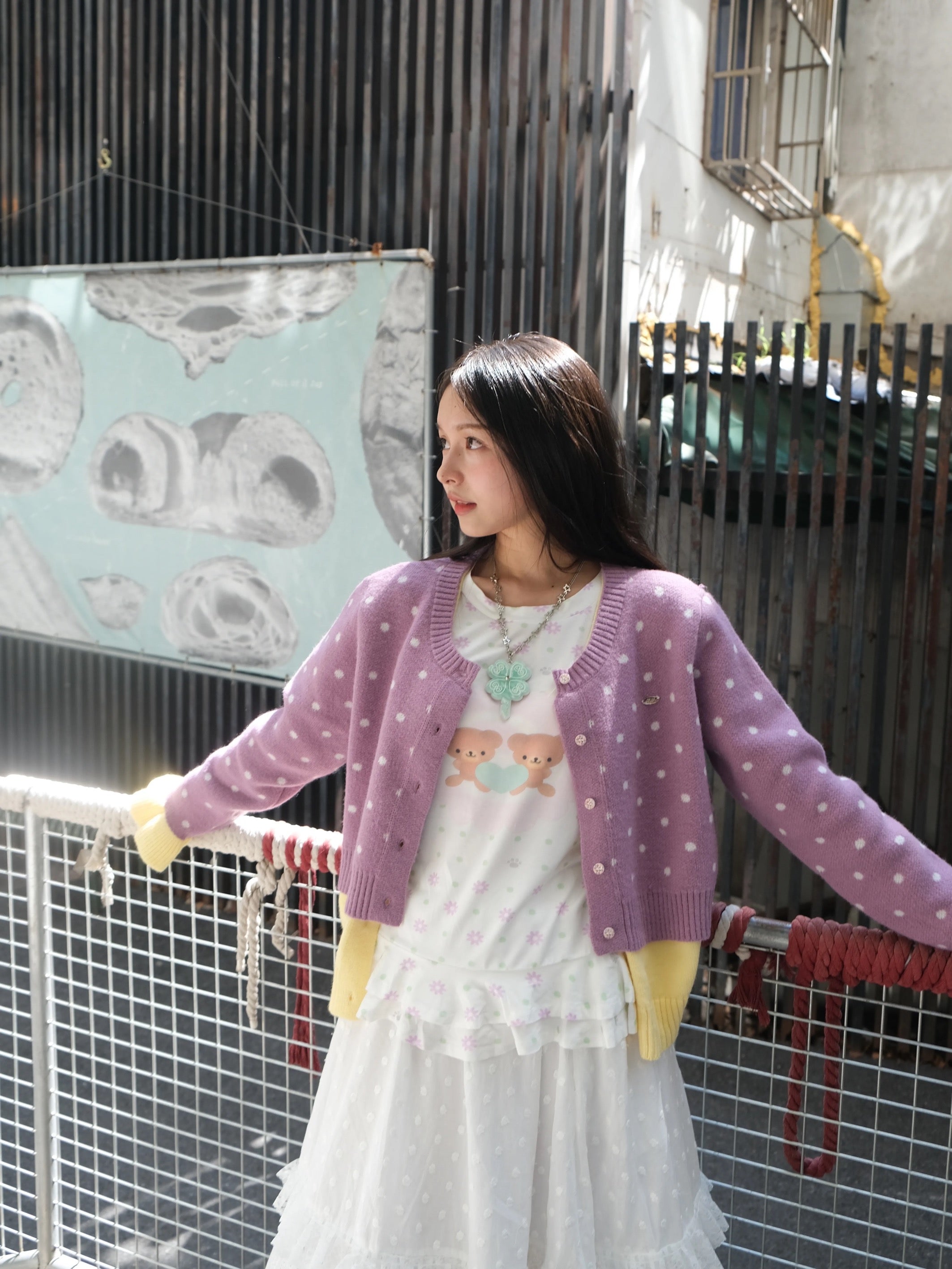 Purple-and-yellow polka-dot fake two-piece cardigan