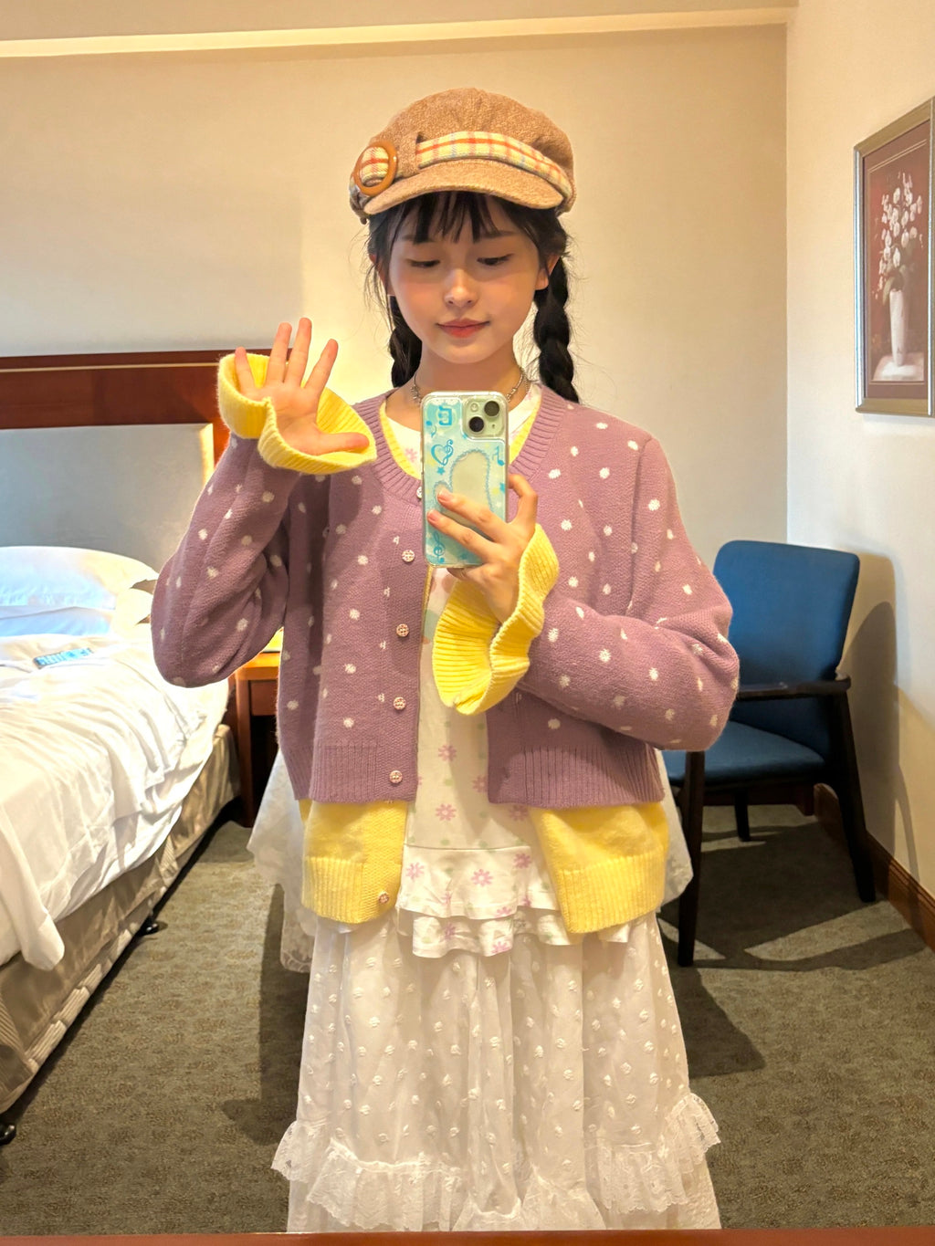 Purple-and-yellow polka-dot fake two-piece cardigan