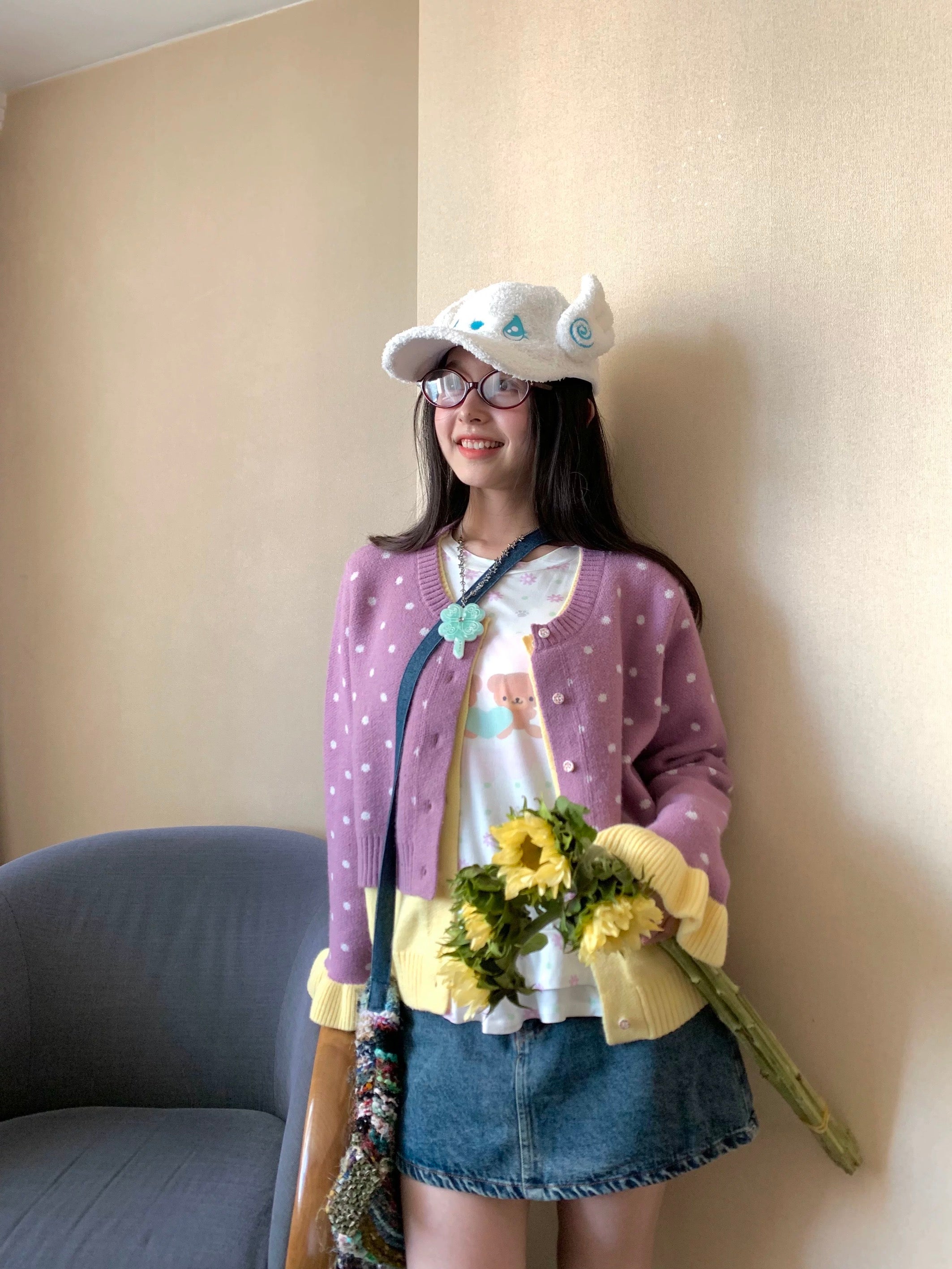 Purple-and-yellow polka-dot fake two-piece cardigan