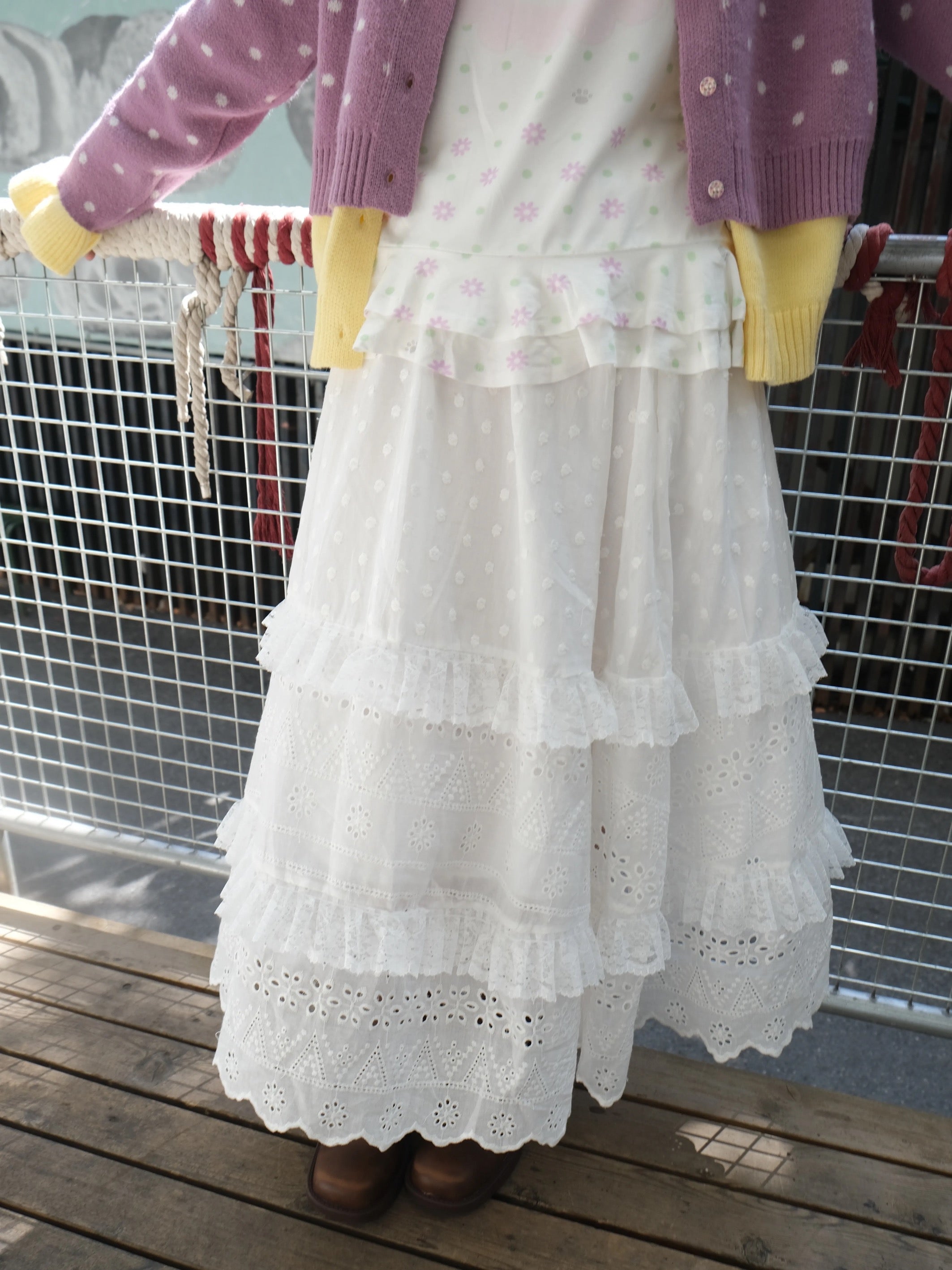 White lace-paneled tiered skirt